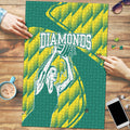 Australian Diamonds Netball Puzzle Bold Geometric Zigzag Pattern With Athletic Player Graphics