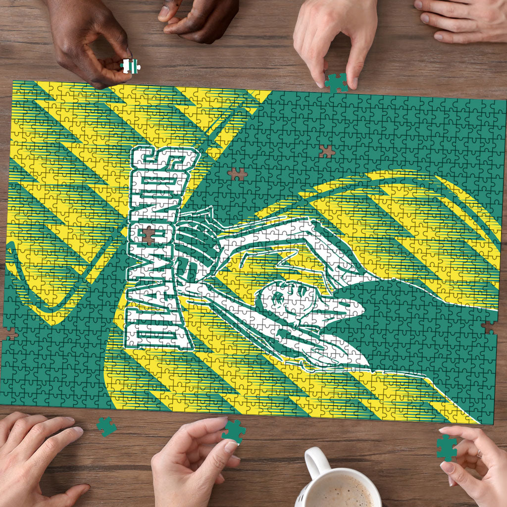 Australian Diamonds Netball Puzzle Bold Geometric Zigzag Pattern With Athletic Player Graphics