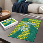 Australian Diamonds Netball Puzzle Bold Geometric Zigzag Pattern With Athletic Player Graphics