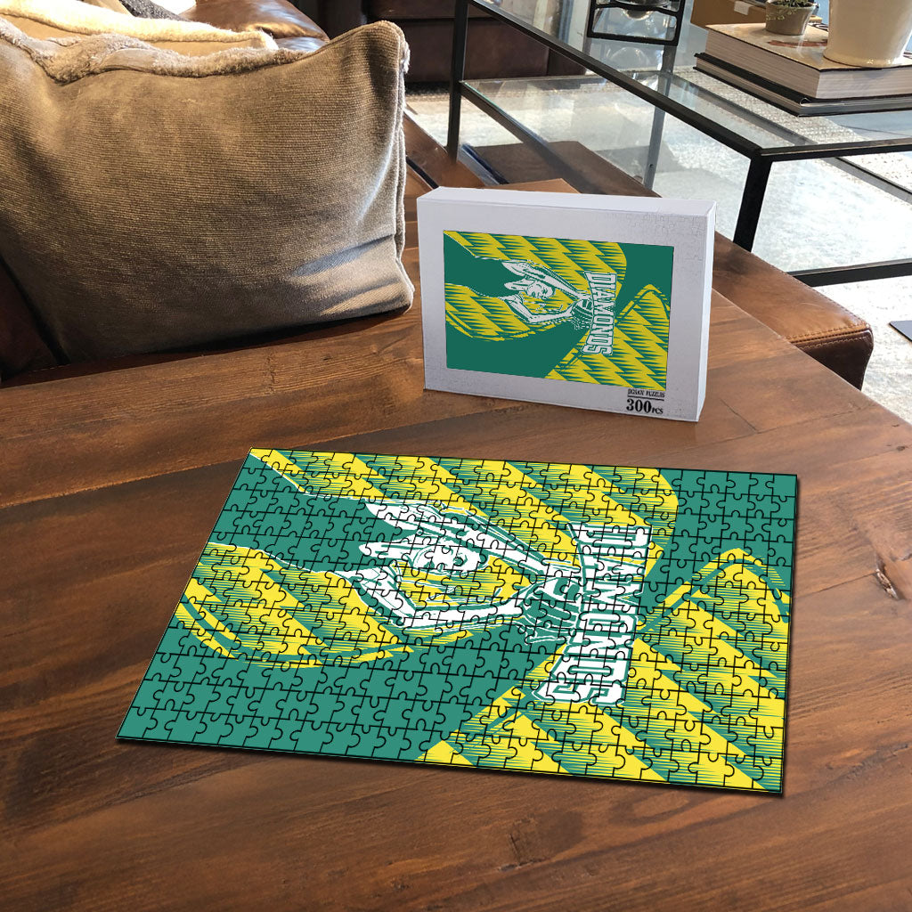 Australian Diamonds Netball Puzzle Bold Geometric Zigzag Pattern With Athletic Player Graphics