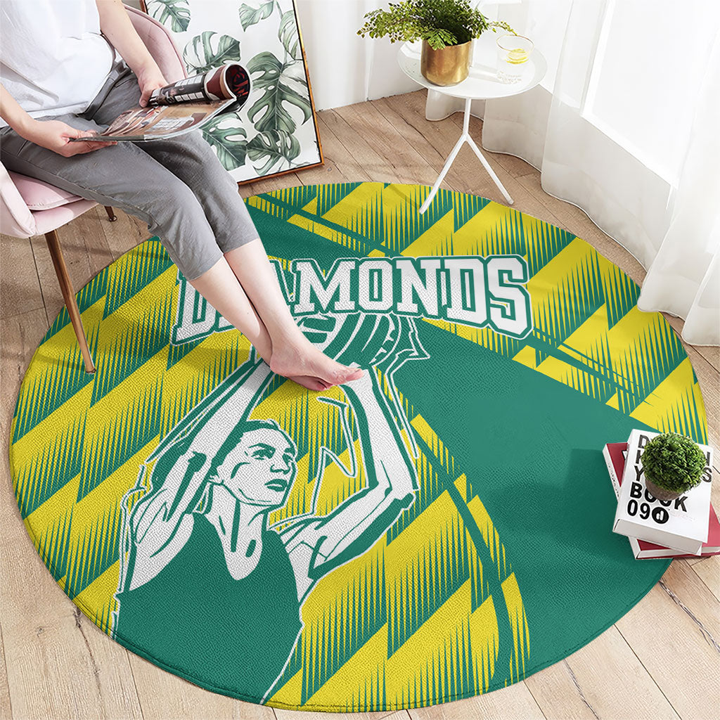 Australian Diamonds Netball Round Carpet Bold Geometric Zigzag Pattern With Athletic Player Graphics