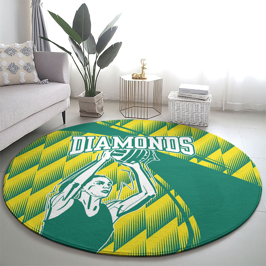 Australian Diamonds Netball Round Carpet Bold Geometric Zigzag Pattern With Athletic Player Graphics