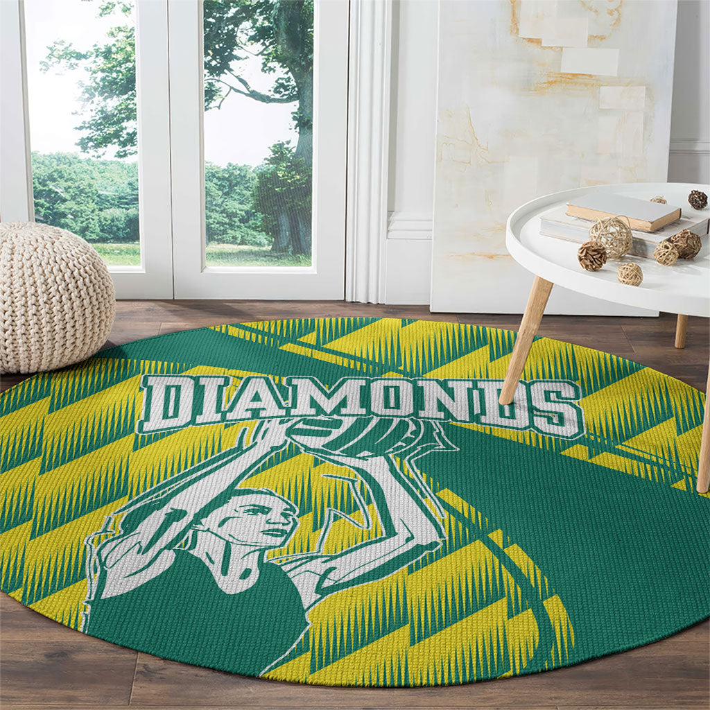 Australian Diamonds Netball Round Carpet Bold Geometric Zigzag Pattern With Athletic Player Graphics