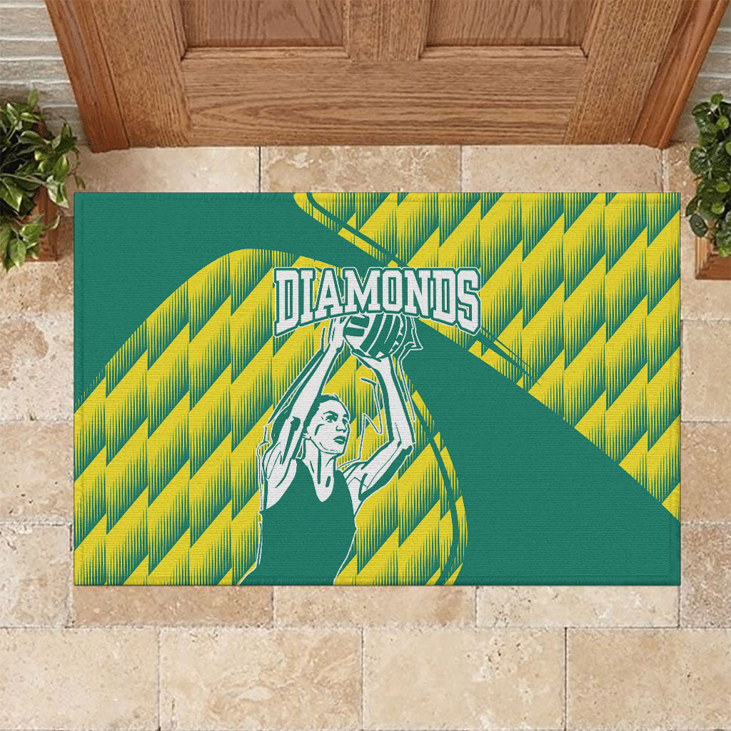Australian Diamonds Netball Rubber Doormat Bold Geometric Zigzag Pattern With Athletic Player Graphics