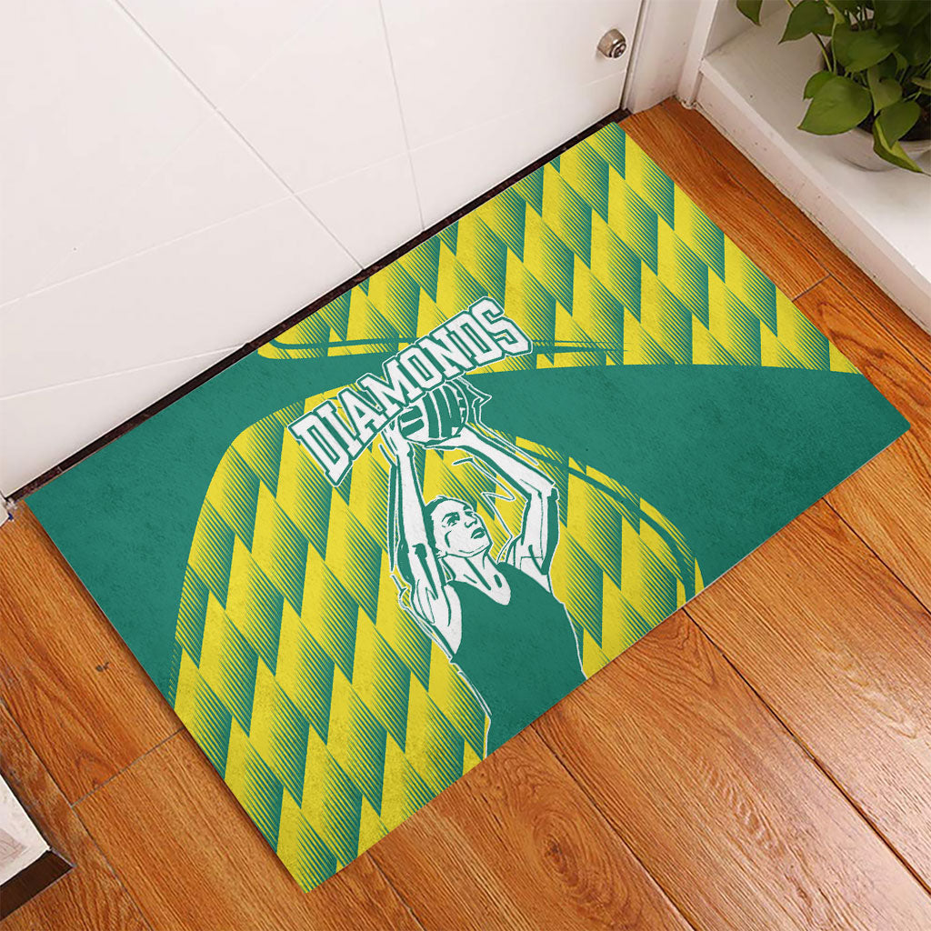 Australian Diamonds Netball Rubber Doormat Bold Geometric Zigzag Pattern With Athletic Player Graphics