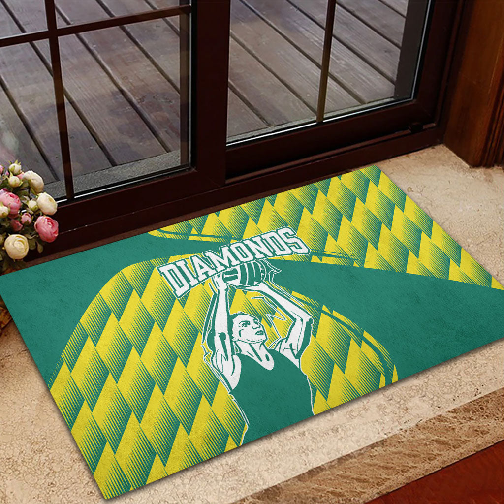 Australian Diamonds Netball Rubber Doormat Bold Geometric Zigzag Pattern With Athletic Player Graphics