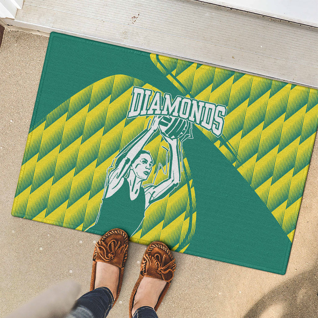 Australian Diamonds Netball Rubber Doormat Bold Geometric Zigzag Pattern With Athletic Player Graphics