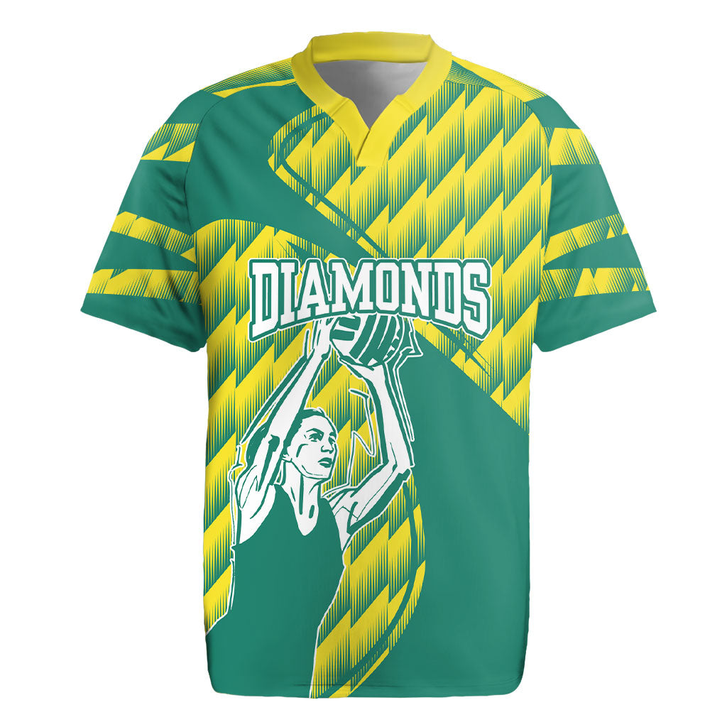 Australian Diamonds Netball Rugby Jersey Bold Geometric Zigzag Pattern With Athletic Player Graphics