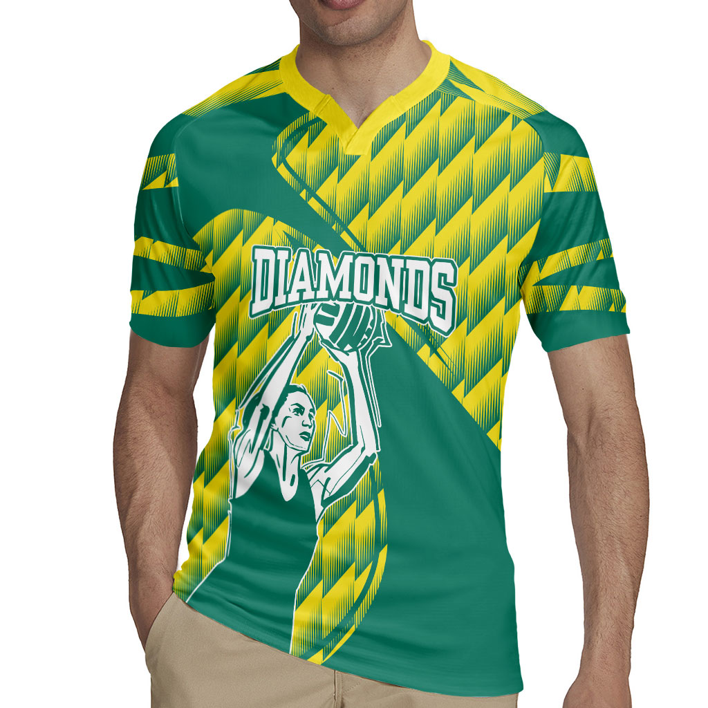 Australian Diamonds Netball Rugby Jersey Bold Geometric Zigzag Pattern With Athletic Player Graphics