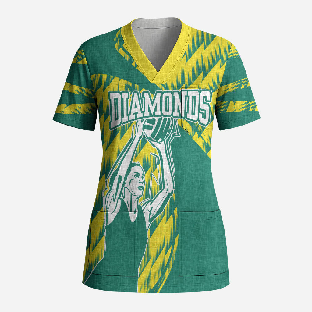 Australian Diamonds Netball Scrub Top Bold Geometric Zigzag Pattern With Athletic Player Graphics