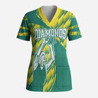 Australian Diamonds Netball Scrub Top Bold Geometric Zigzag Pattern With Athletic Player Graphics