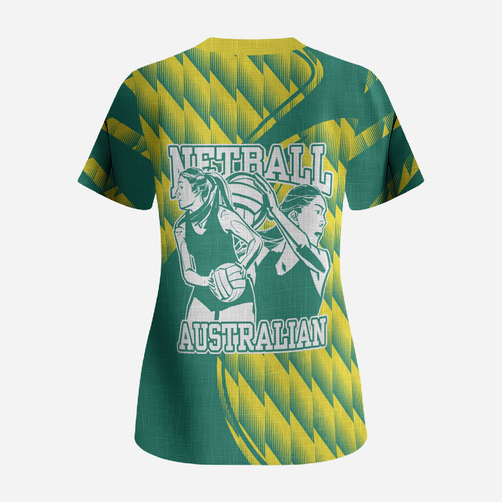 Australian Diamonds Netball Scrub Top Bold Geometric Zigzag Pattern With Athletic Player Graphics