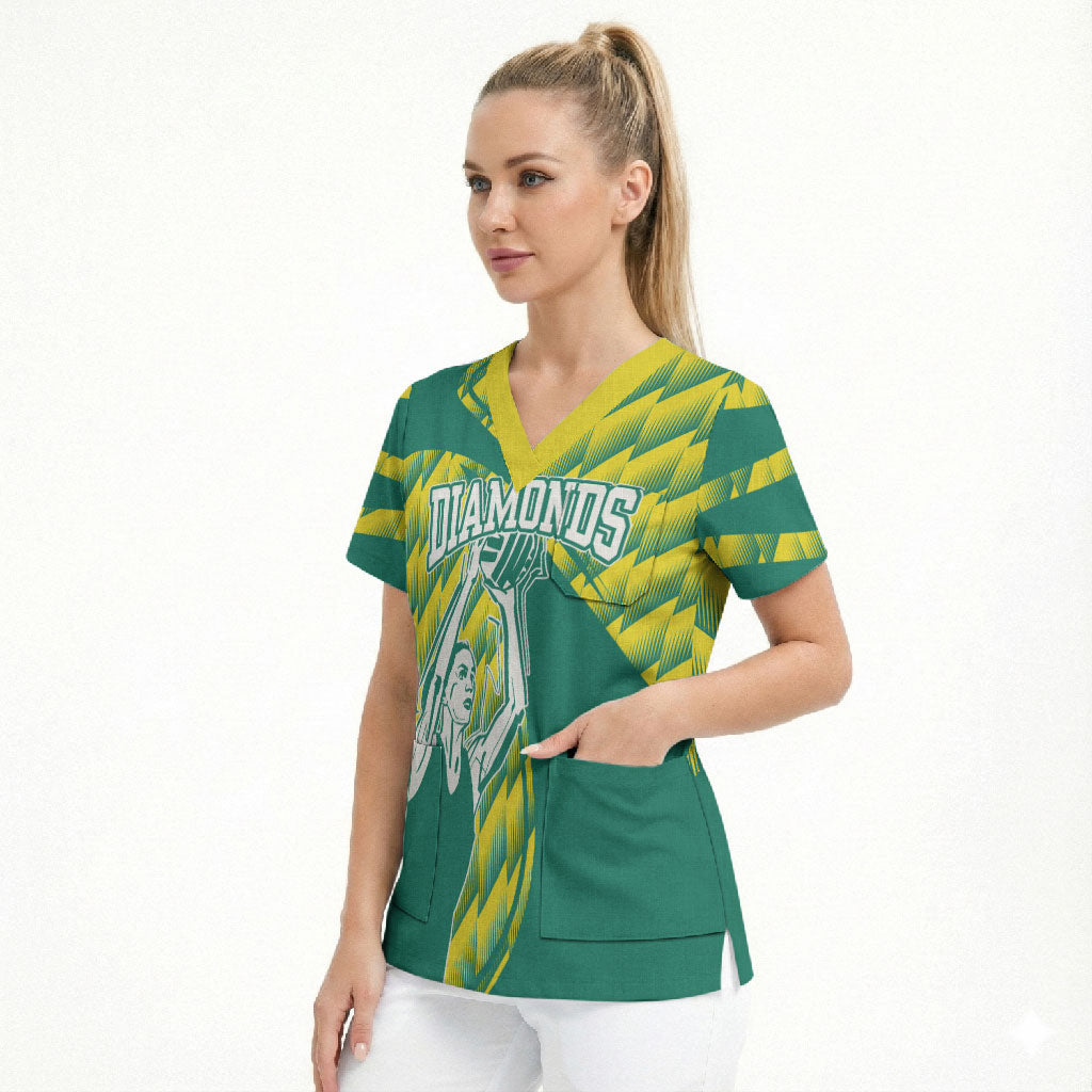 Australian Diamonds Netball Scrub Top Bold Geometric Zigzag Pattern With Athletic Player Graphics