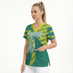 Australian Diamonds Netball Scrub Top Bold Geometric Zigzag Pattern With Athletic Player Graphics