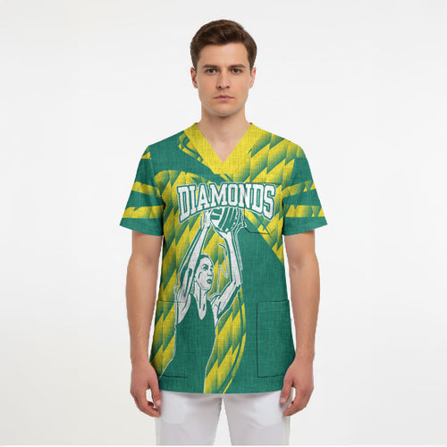 Australian Diamonds Netball Scrub Top Bold Geometric Zigzag Pattern With Athletic Player Graphics