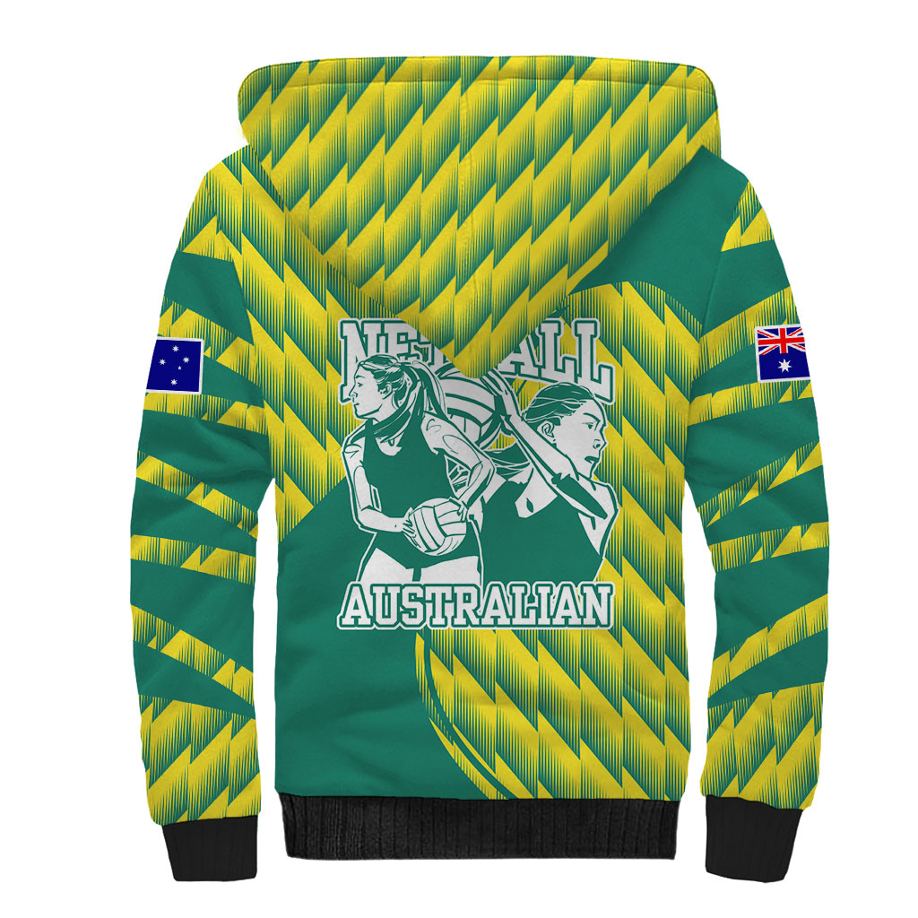 Australian Diamonds Netball Sherpa Hoodie Bold Geometric Zigzag Pattern With Athletic Player Graphics