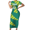 Australian Diamonds Netball Short Sleeve Bodycon Dress Bold Geometric Zigzag Pattern With Athletic Player Graphics