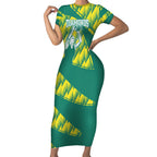 Australian Diamonds Netball Short Sleeve Bodycon Dress Bold Geometric Zigzag Pattern With Athletic Player Graphics