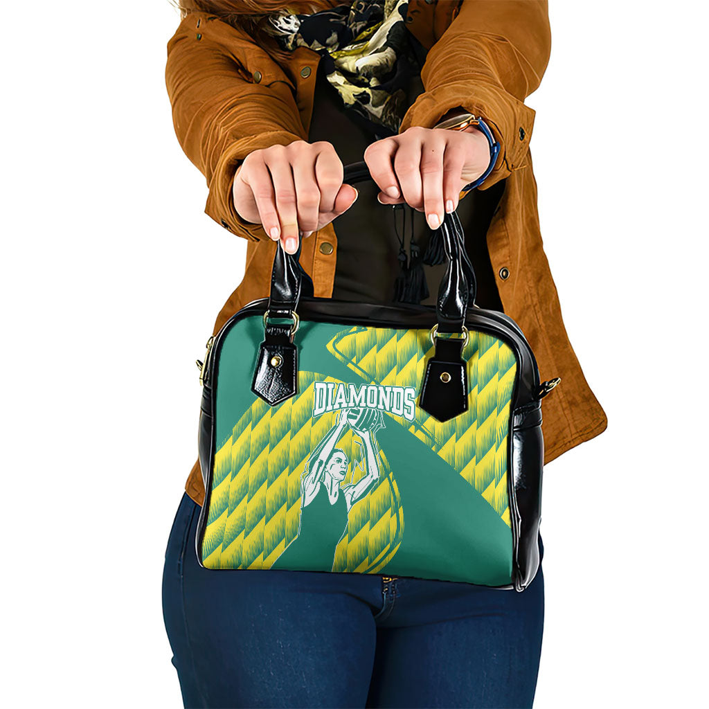 Australian Diamonds Netball Shoulder Handbag Bold Geometric Zigzag Pattern With Athletic Player Graphics