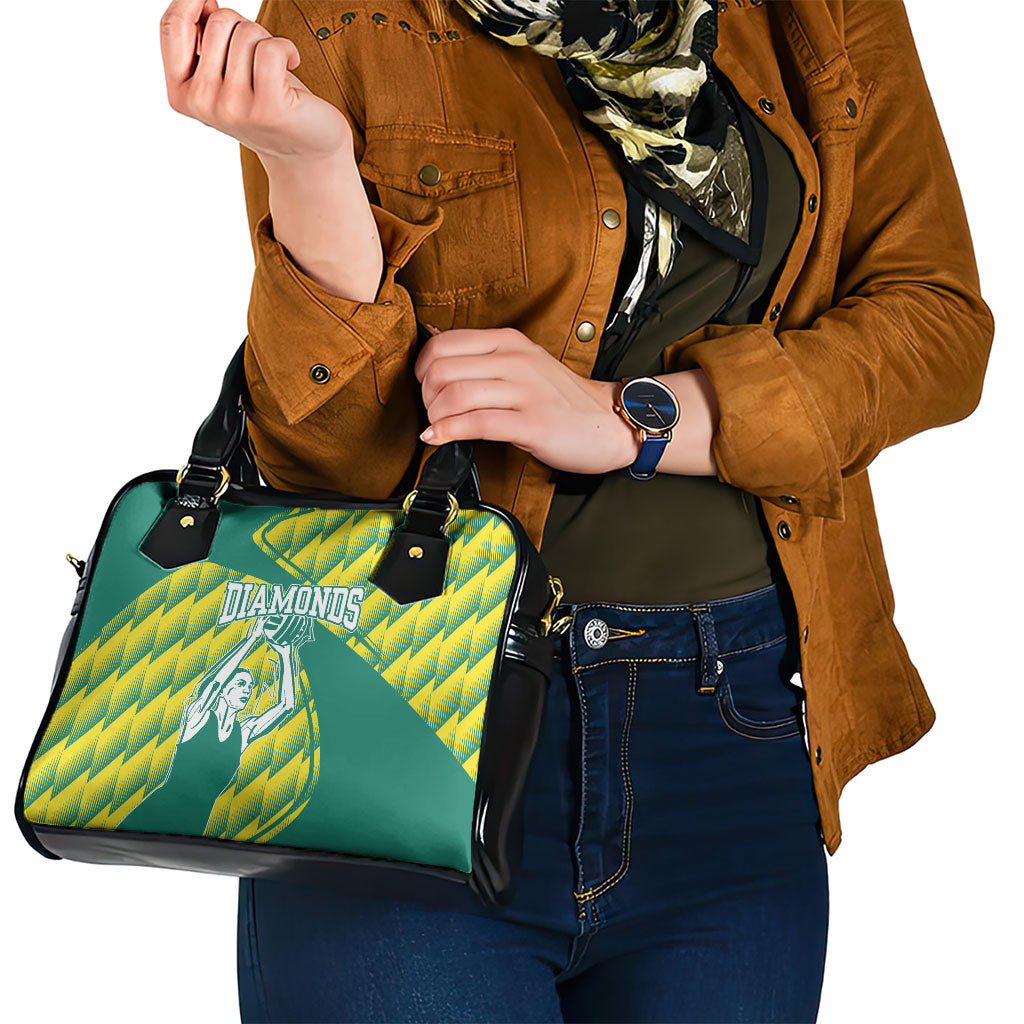 Australian Diamonds Netball Shoulder Handbag Bold Geometric Zigzag Pattern With Athletic Player Graphics