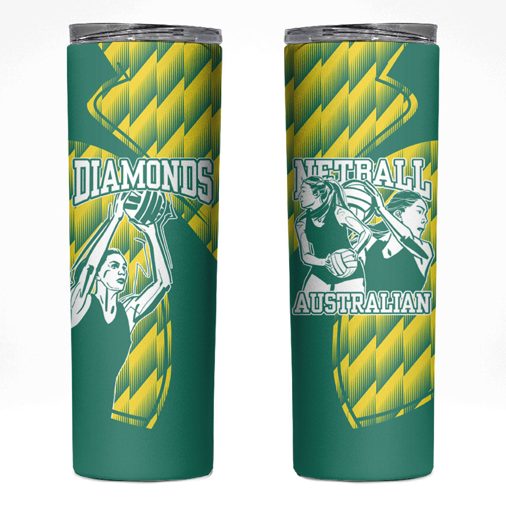 Australian Diamonds Netball Skinny Tumbler Bold Geometric Zigzag Pattern With Athletic Player Graphics