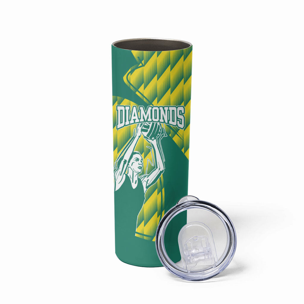 Australian Diamonds Netball Skinny Tumbler Bold Geometric Zigzag Pattern With Athletic Player Graphics