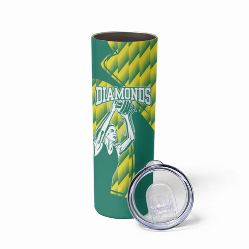 Australian Diamonds Netball Skinny Tumbler Bold Geometric Zigzag Pattern With Athletic Player Graphics