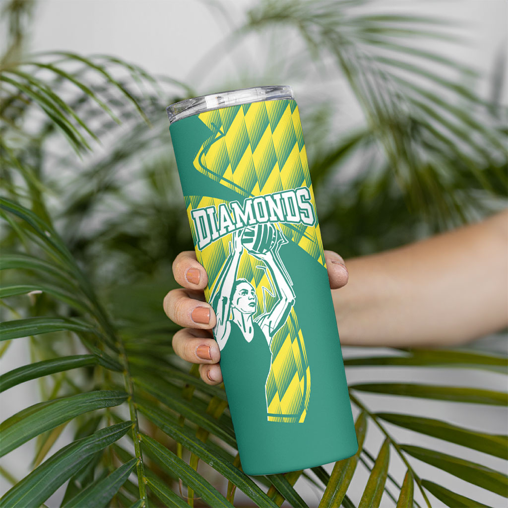 Australian Diamonds Netball Skinny Tumbler Bold Geometric Zigzag Pattern With Athletic Player Graphics