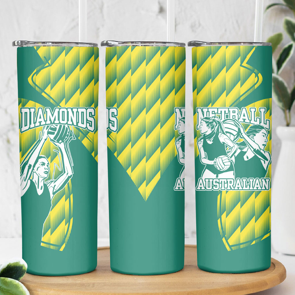 Australian Diamonds Netball Skinny Tumbler Bold Geometric Zigzag Pattern With Athletic Player Graphics