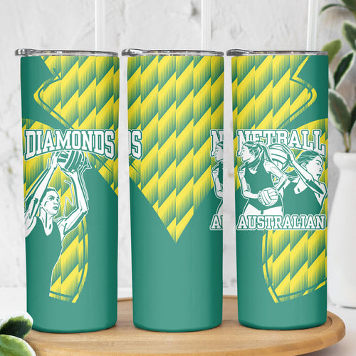 Australian Diamonds Netball Skinny Tumbler Bold Geometric Zigzag Pattern With Athletic Player Graphics