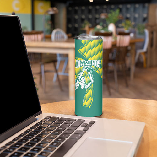 Australian Diamonds Netball Skinny Tumbler Bold Geometric Zigzag Pattern With Athletic Player Graphics