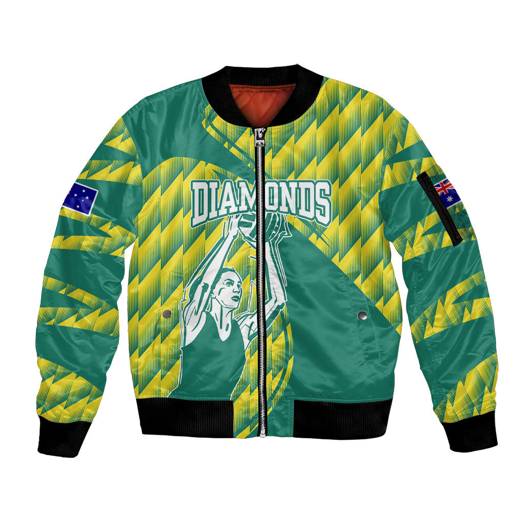 Australian Diamonds Netball Sleeve Zip Bomber Jacket Bold Geometric Zigzag Pattern With Athletic Player Graphics