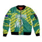 Australian Diamonds Netball Sleeve Zip Bomber Jacket Bold Geometric Zigzag Pattern With Athletic Player Graphics