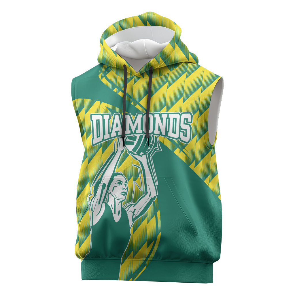 Australian Diamonds Netball Sleeveless Hoodie Bold Geometric Zigzag Pattern With Athletic Player Graphics