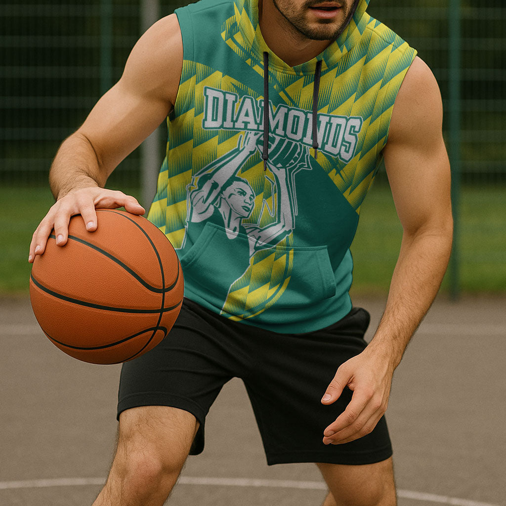 Australian Diamonds Netball Sleeveless Hoodie Bold Geometric Zigzag Pattern With Athletic Player Graphics