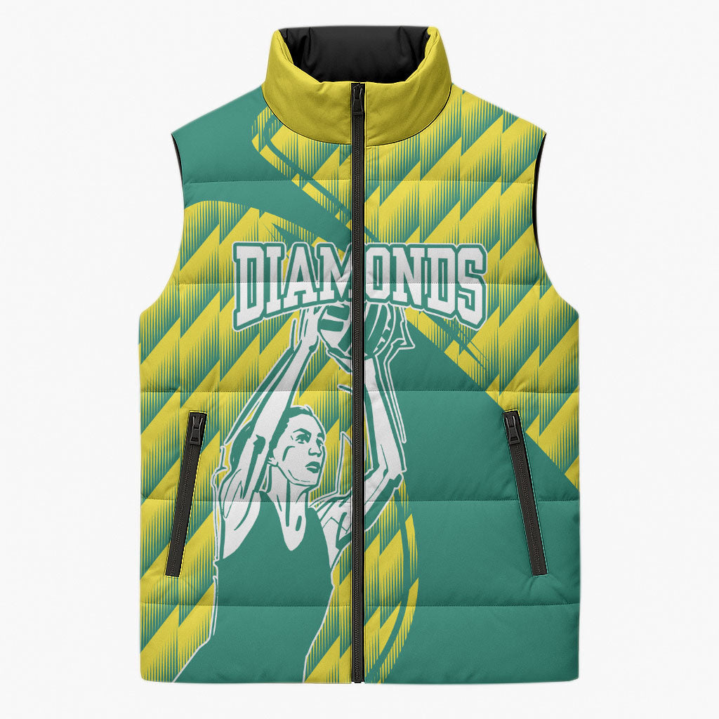 Australian Diamonds Netball Sleeveless Puffer Jacket Bold Geometric Zigzag Pattern With Athletic Player Graphics