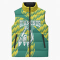 Australian Diamonds Netball Sleeveless Puffer Jacket Bold Geometric Zigzag Pattern With Athletic Player Graphics