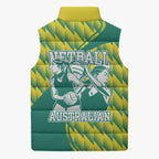 Australian Diamonds Netball Sleeveless Puffer Jacket Bold Geometric Zigzag Pattern With Athletic Player Graphics