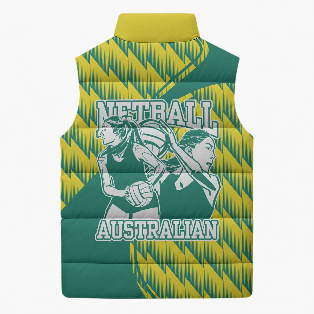 Australian Diamonds Netball Sleeveless Puffer Jacket Bold Geometric Zigzag Pattern With Athletic Player Graphics