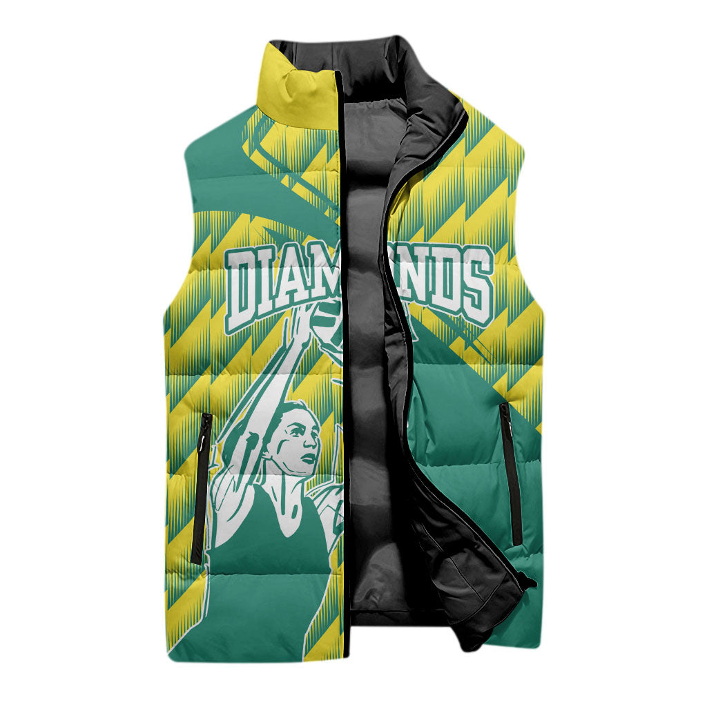Australian Diamonds Netball Sleeveless Puffer Jacket Bold Geometric Zigzag Pattern With Athletic Player Graphics
