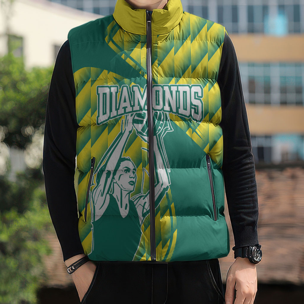 Australian Diamonds Netball Sleeveless Puffer Jacket Bold Geometric Zigzag Pattern With Athletic Player Graphics