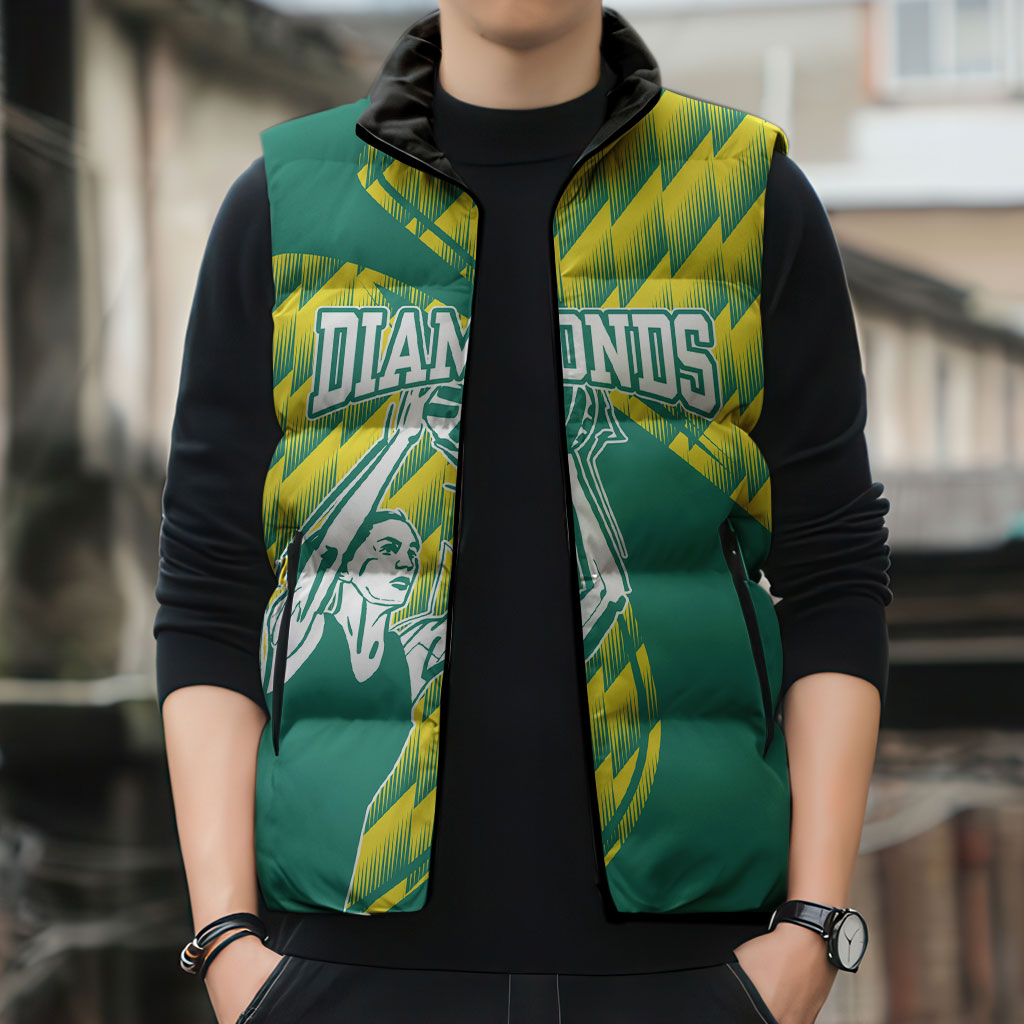 Australian Diamonds Netball Sleeveless Puffer Jacket Bold Geometric Zigzag Pattern With Athletic Player Graphics