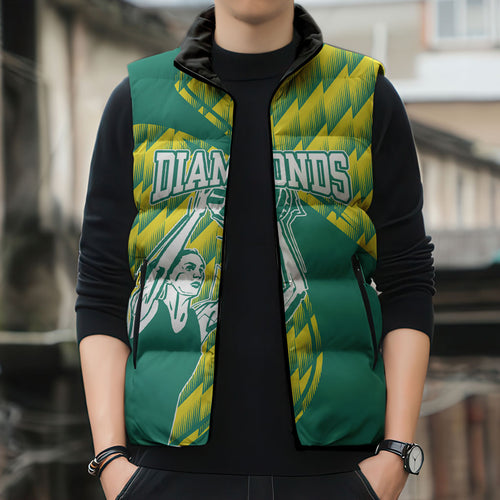 Australian Diamonds Netball Sleeveless Puffer Jacket Bold Geometric Zigzag Pattern With Athletic Player Graphics