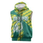 Australian Diamonds Netball Sleeveless Zip Hoodie Bold Geometric Zigzag Pattern With Athletic Player Graphics