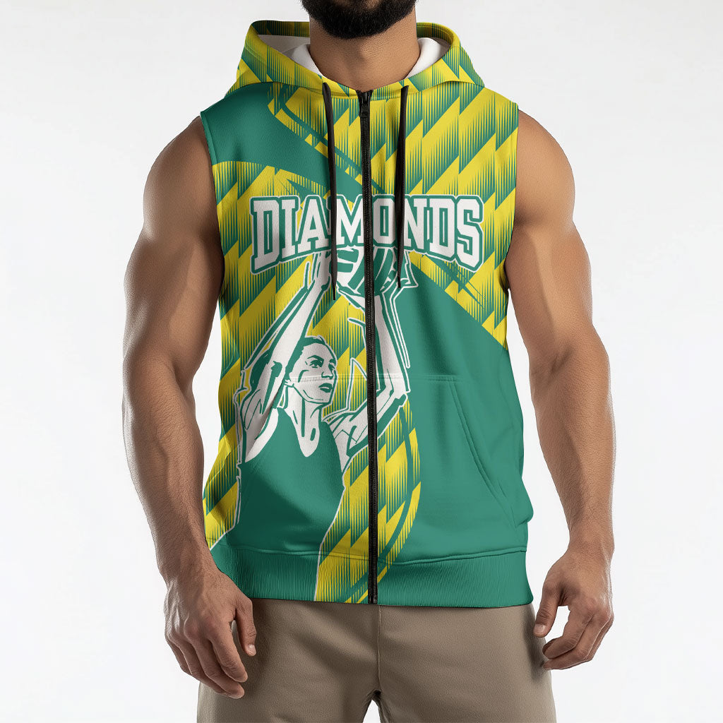 Australian Diamonds Netball Sleeveless Zip Hoodie Bold Geometric Zigzag Pattern With Athletic Player Graphics