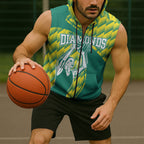 Australian Diamonds Netball Sleeveless Zip Hoodie Bold Geometric Zigzag Pattern With Athletic Player Graphics