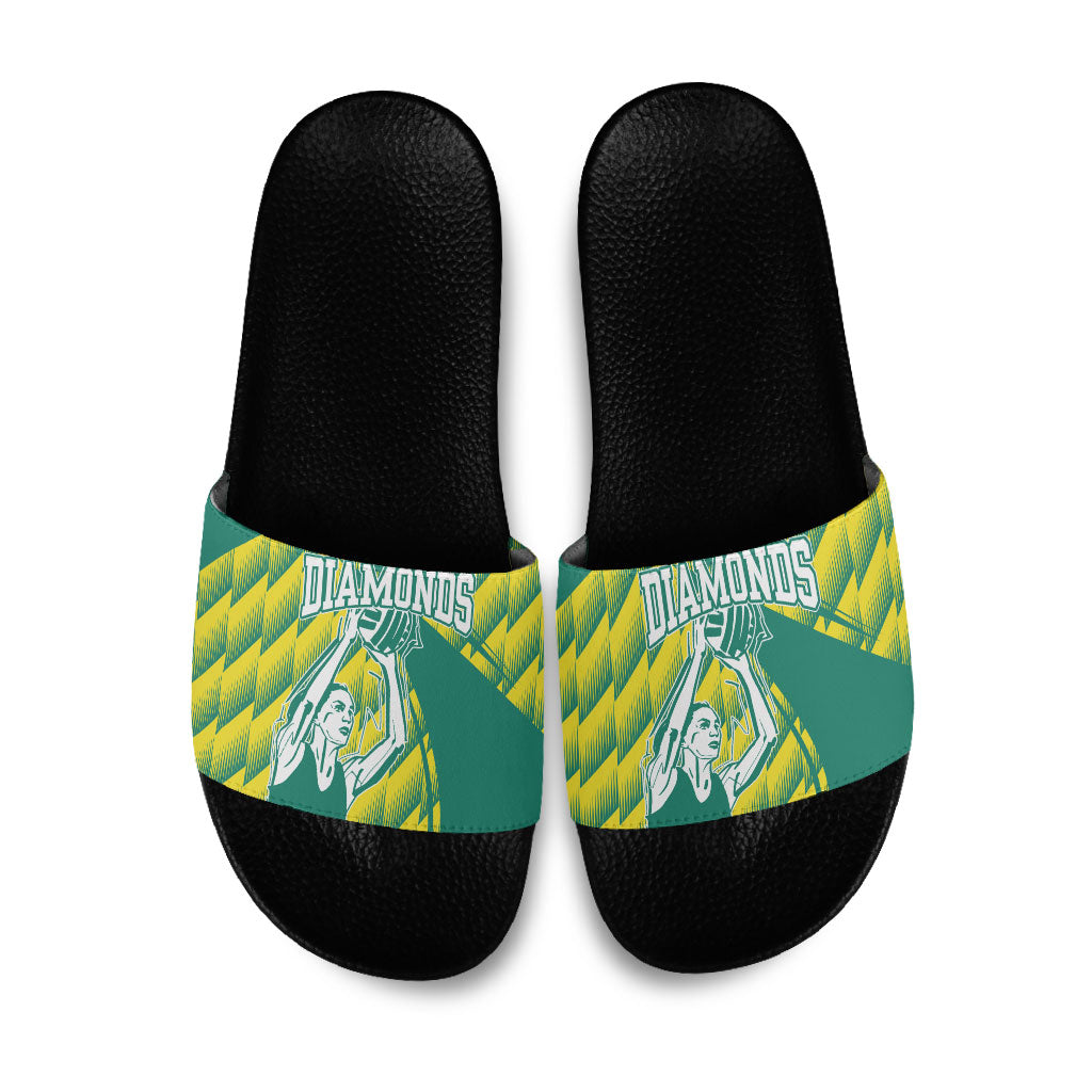 Australian Diamonds Netball Slide Sandals Bold Geometric Zigzag Pattern With Athletic Player Graphics