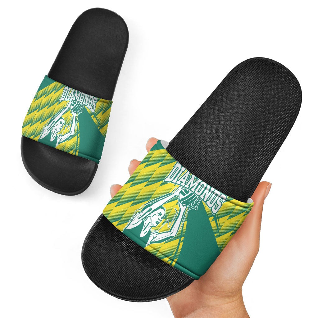 Australian Diamonds Netball Slide Sandals Bold Geometric Zigzag Pattern With Athletic Player Graphics