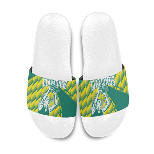 Australian Diamonds Netball Slide Sandals Bold Geometric Zigzag Pattern With Athletic Player Graphics