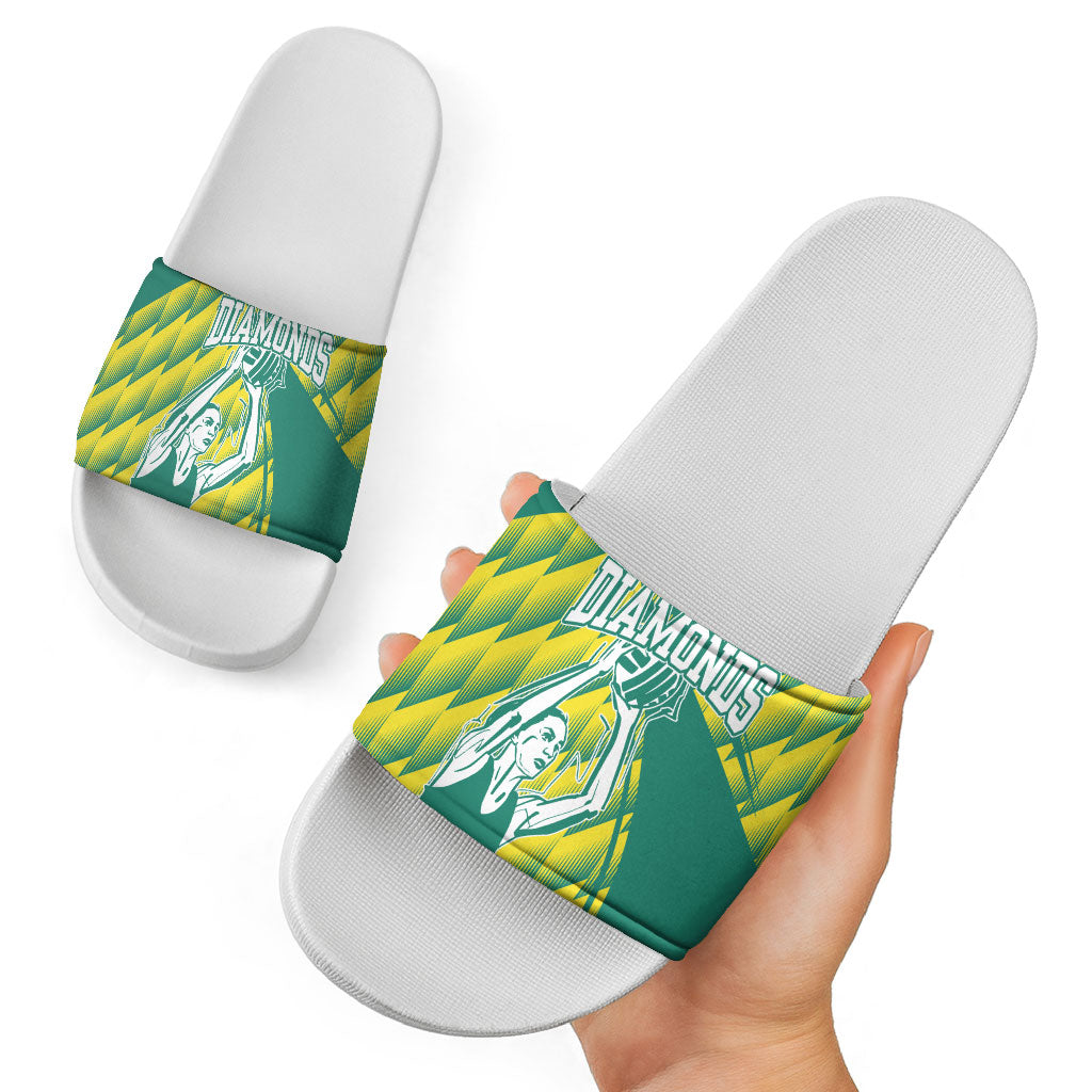 Australian Diamonds Netball Slide Sandals Bold Geometric Zigzag Pattern With Athletic Player Graphics